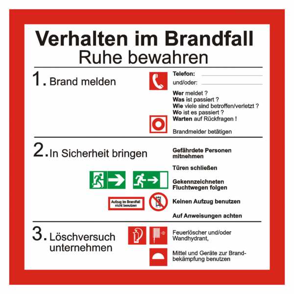 Sicherheitsaushang Verhalten im Brandfall mit Symbolen nach BGV A8