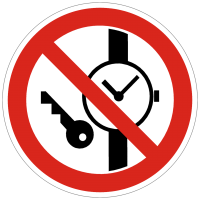 Verbotszeichen Mitführen von Metallteilen und Uhren verboten nach BGV A8 (P20)