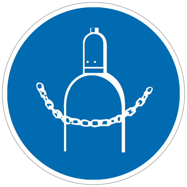 Gebotszeichen Druckgasflasche durch Kette sichern
