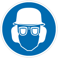 Gebotszeichen Augen-, Gehör- und Kopfschutz benutzen