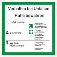 Sicherheitsaushang Verhalten bei Unfällen mit Symbolen nach ISO 7010