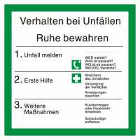 Sicherheitsaushang Verhalten bei Unfällen mit Symbolen nach BGV A8