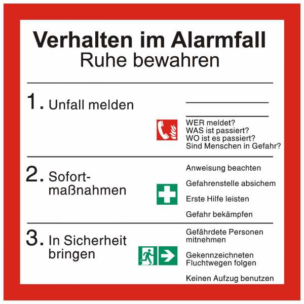 Sicherheitsaushang Verhalten im Alarmfall mit Symbolen nach ISO 7010